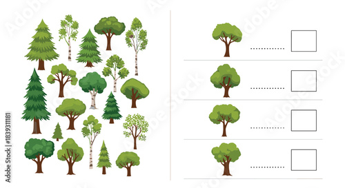 Educational counting game for children with a variety of trees on one side and boxes for answers on the other. The learning is useful.