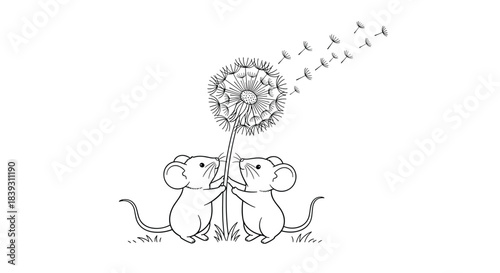 Two cute cartoon mice hold a dandelion as its seeds blow away in the wind creating a whimsical scene. This is a coloring book style.