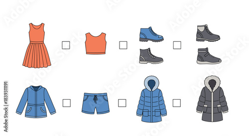 Educational matching pairs game for kids with various items of summer and winter clothing to connect correctly. The design is wonderful.