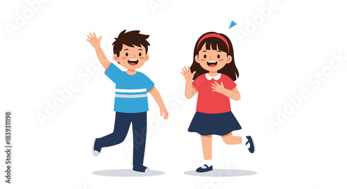 Happy cartoon boy and girl are waving their hands with cheerful smiles as a friendly greeting to everybody. The kids are very cute.