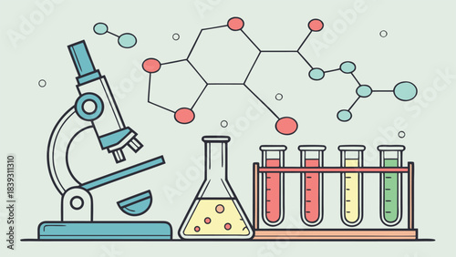 Science lab tools: microscope, test tubes, flask, and intricate chemical molecular structures for research.
