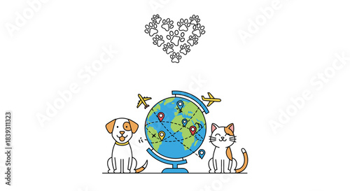 Cute cartoon dog and cat sit next to a globe with airplanes showing travel routes for pets around the world. The design is great.