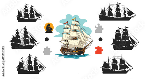 Find the correct shadow educational game for kids with a large vintage sailing ship and several silhouette options. The puzzle is fun.