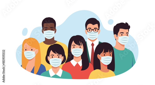 Diverse group of people of different ethnicities and ages are all wearing protective medical face masks together. The group is unified.