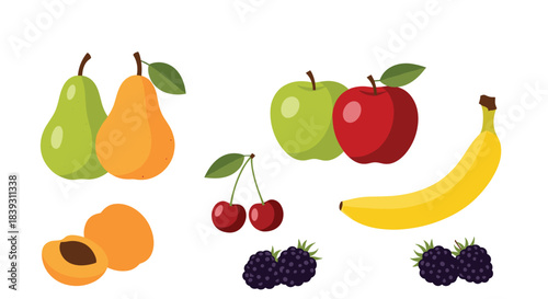 Collection of various fresh and colorful cartoon fruits including pears apples bananas cherries and blackberries. The background is white.