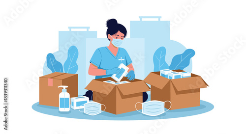 Female volunteer or nurse in a face mask packs boxes with medical supplies like masks and sanitizer for humanitarian aid. The design is helpful.