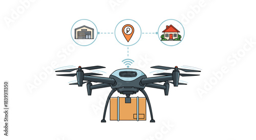 Modern delivery drone carries a cardboard box from a warehouse to a customer's house using GPS for navigation. The system is great.