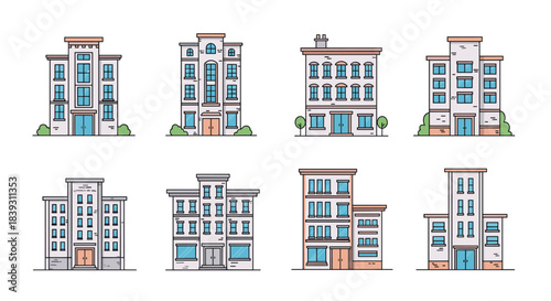 Set of eight different multi-story city apartment buildings and houses in a clean line art style with color. The collection is diverse.