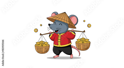 Happy cartoon rat in a traditional Asian conical hat and outfit carries baskets of gold on a shoulder pole. The design is fun.
