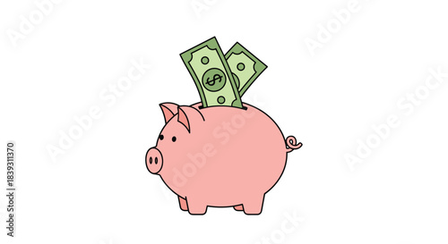 Pink piggy bank cartoon has two dollar bills being inserted into the slot for saving and investing money. The design is simple.