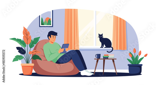 Man relaxes in a bean bag chair reading a tablet in his cozy living room with a cat on the windowsill. The scene is very comfortable.