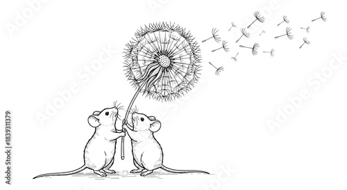 Two adorable hand-drawn mice hold a large dandelion as its fluffy seeds float away in a gentle breeze. The background is white.