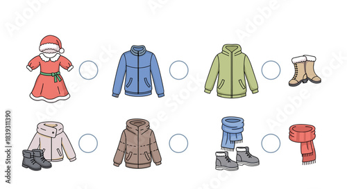 Find two identical items educational matching game for children with various pieces of colorful winter clothing. The puzzle is fun.