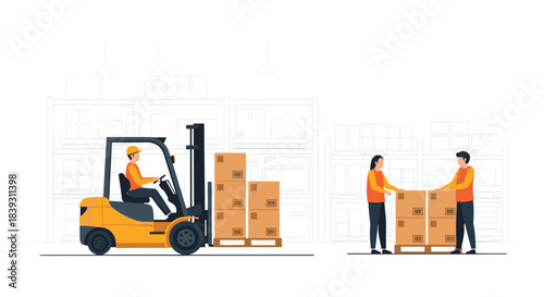 Warehouse scene shows a forklift operator moving pallets of cardboard boxes while two workers organize another stack of packages.