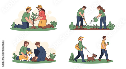 Set of four scenes shows people enjoying nature by planting a tree gardening playing with a dog and walking a pet.