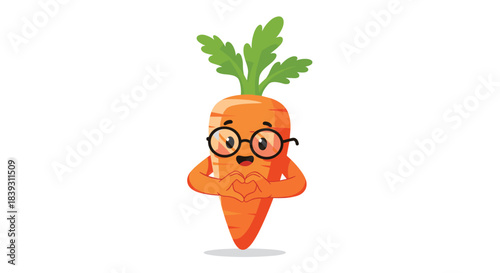 A cute and nerdy carrot character with glasses smiles while making a heart shape with its hands in a charming illustration.