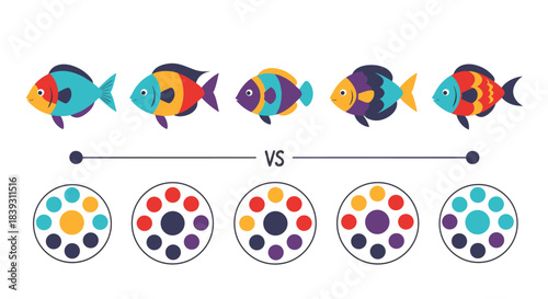 A children's logic puzzle game challenges players to match colorful tropical fish with their corresponding color dot palettes below.