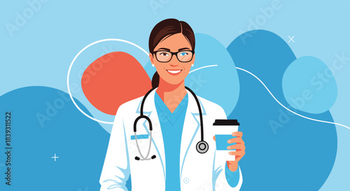 A smiling female doctor with a stethoscope and glasses holds a cup of coffee during a break against a modern blue background.