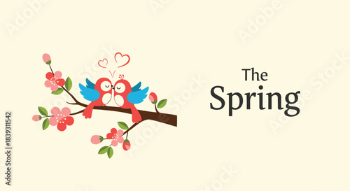 Two cute red and blue birds kiss on a blooming cherry blossom branch with floating hearts above them to welcome the spring.