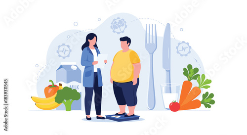 A female nutritionist advises an overweight man standing on a scale about healthy eating with fresh vegetables and fruits nearby.