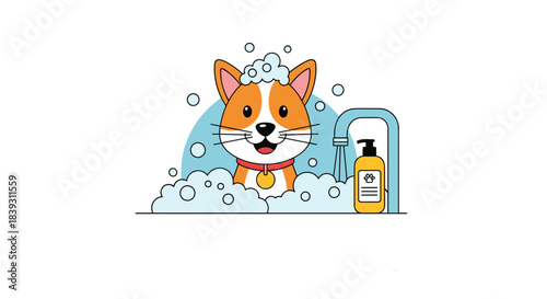 A happy corgi dog enjoys a bubble bath with a bottle of pet shampoo nearby in a cute grooming service illustration.