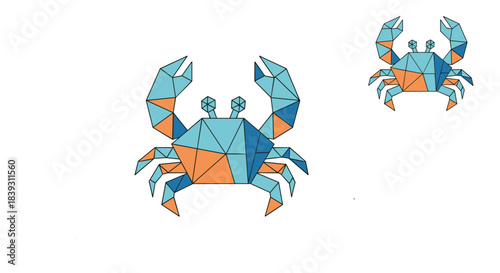 Two colorful crabs are illustrated in a modern low poly geometric style with orange and blue triangular polygon shapes.