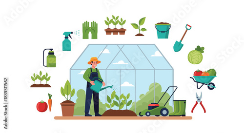 A male farmer waters plants in a greenhouse surrounded by a set of essential gardening tools equipment and fresh vegetables.