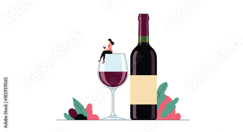 A tiny woman sits on the edge of a large glass of red wine next to an unlabeled bottle in a minimalist illustration.