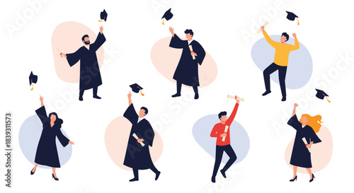 A diverse group of happy graduates in gowns and casual wear celebrate their achievement by tossing their caps in the air.