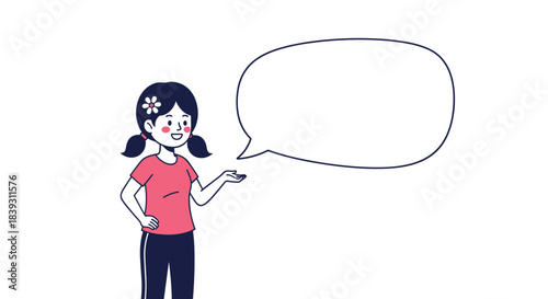 A smiling young girl in a pink shirt with pigtails and a flower in her hair gestures towards an empty speech bubble.