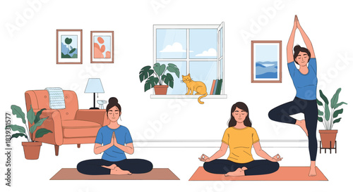 Three women practice different yoga poses in a cozy living room with a cat on the windowsill creating a peaceful atmosphere.
