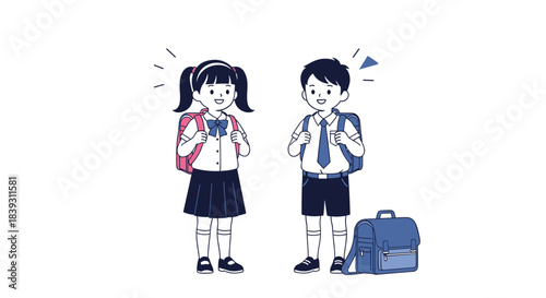 A happy elementary school boy and girl in their uniforms with backpacks are talking and smiling together before school starts.