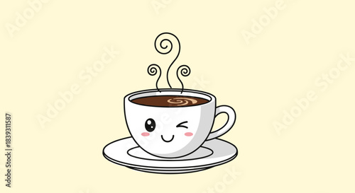 A cute and steaming cup of coffee with a winking kawaii face is presented in a simple and charming cartoon illustration.