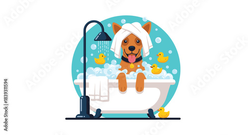A happy dog with a towel on its head enjoys a bubble bath in a vintage clawfoot tub surrounded by rubber ducks.
