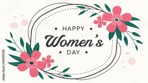 International women's day card with delicate floral frame, pink blossoms, and festive green leaves