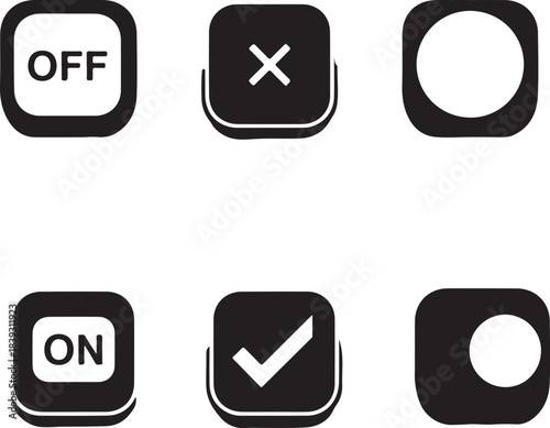 User interface elements collection: on-off toggle switches, close, checkmark, and radio buttons concept.
