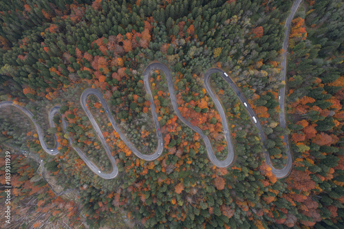 Aerial landscape over a winding road, in autumn colors