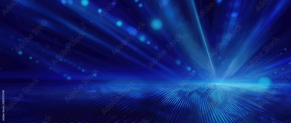 Naklejka premium Digital landscape of blue light beams and undulating grid with bokeh effect in the background