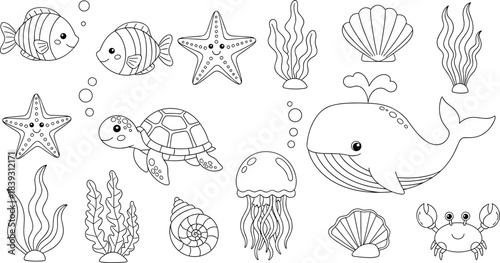 Cute Sea and Ocean Animals Underwater Outlines Collection for Children's Coloring Book Pages Vector Illustration