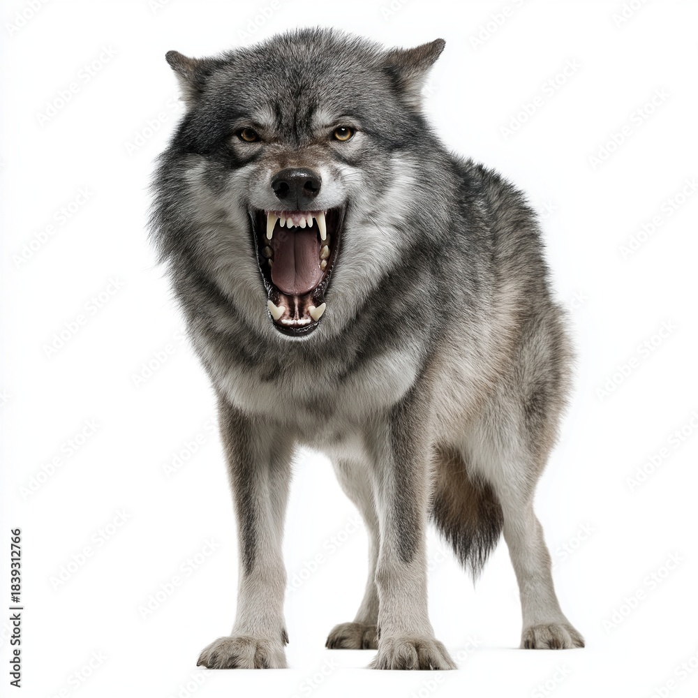 Fototapeta premium Snarling Grey Wolf Aggressive Closeup Portrait