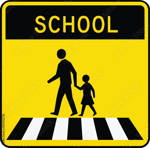 School crossing sign silhouette of adult and child walking on crosswalk for pedestrian safety alert
