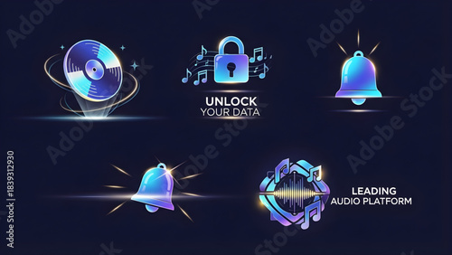 Collection of futuristic digital icons music, security, alerts, and audio platform