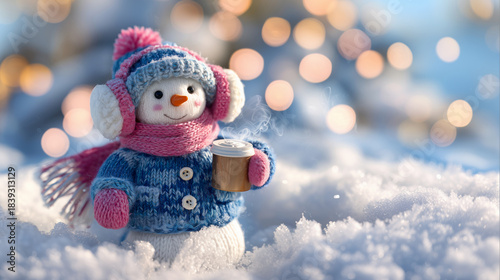 Knitted snowman holding a steaming cup of hot drink. Winter season and festive cheer concept for greeting card. Festive Christmas and New Years holodays mood.