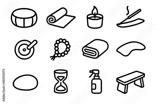 Meditation Essentials Icons. Inner Peace Supplies linear set: meditation pillow, stretch mat, scented candle, natural incense, sound chime disc, bead strand, soothing wrap, eye