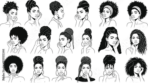 Collection of diverse female portraits featuring natural hairstyles, afro and braided hair, fashion illustrations, beauty expressions, elegant black line art drawings set