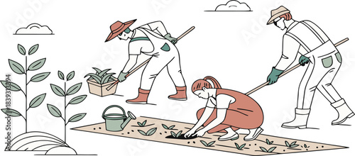 Farm Workers in Action, CAD People Line Drawing Vector Set.