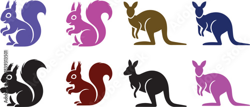 Collection of colorful cartoonstyle squirrel and kangaroo vector illustrations showcasing a variety of vibrant wildlife animals perfect for childfriendly designs and educational resources