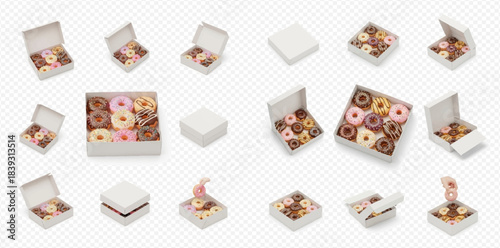 Set of various donut boxes, open and closed, with different flavors and toppings, isolated on a transparent background.