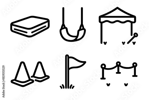 Safe Play Icons. Safe Outdoor Play linear set: soft landing mat, child-safe swing, shaded canopy, stability stakes, boundary markers, caution flag.