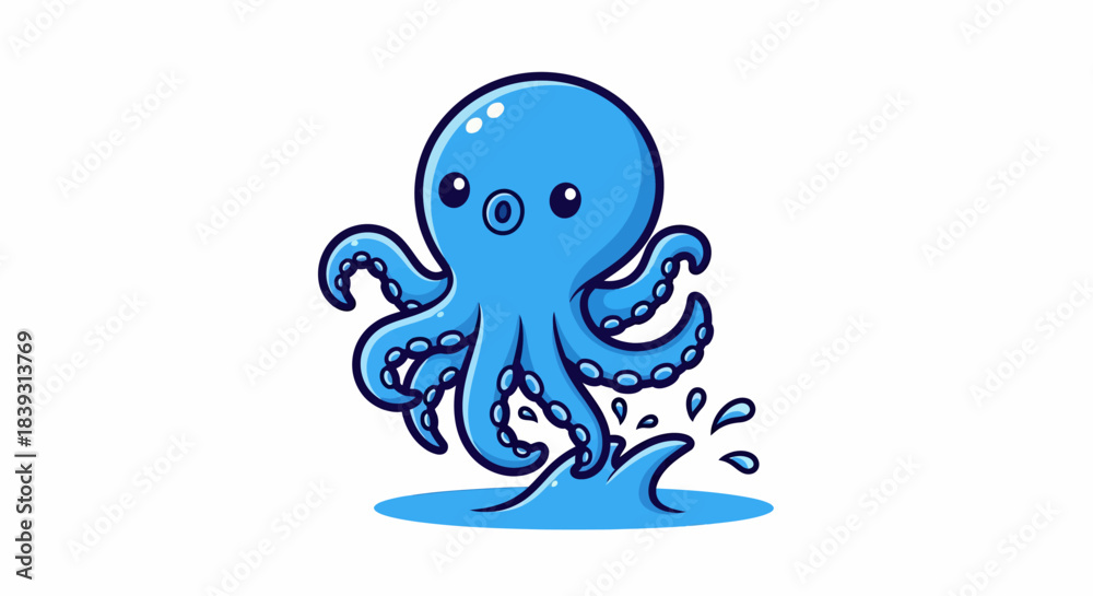 Fototapeta premium Cute blue cartoon octopus character jumping out of the water.